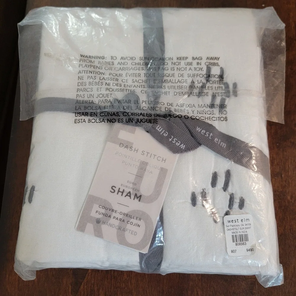 West Elm Dash Stitch Euro Sham White Grey Handcrafted Cotton Quilted 808563 NEW
